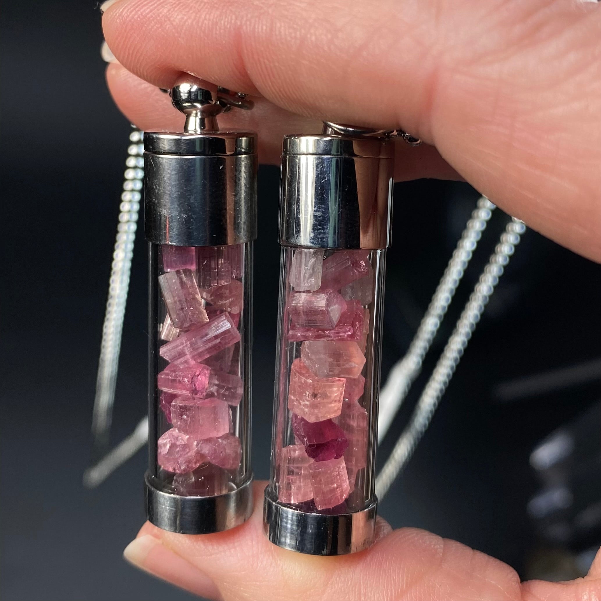 Pink Tourmaline Filled Vial Pendant Necklace