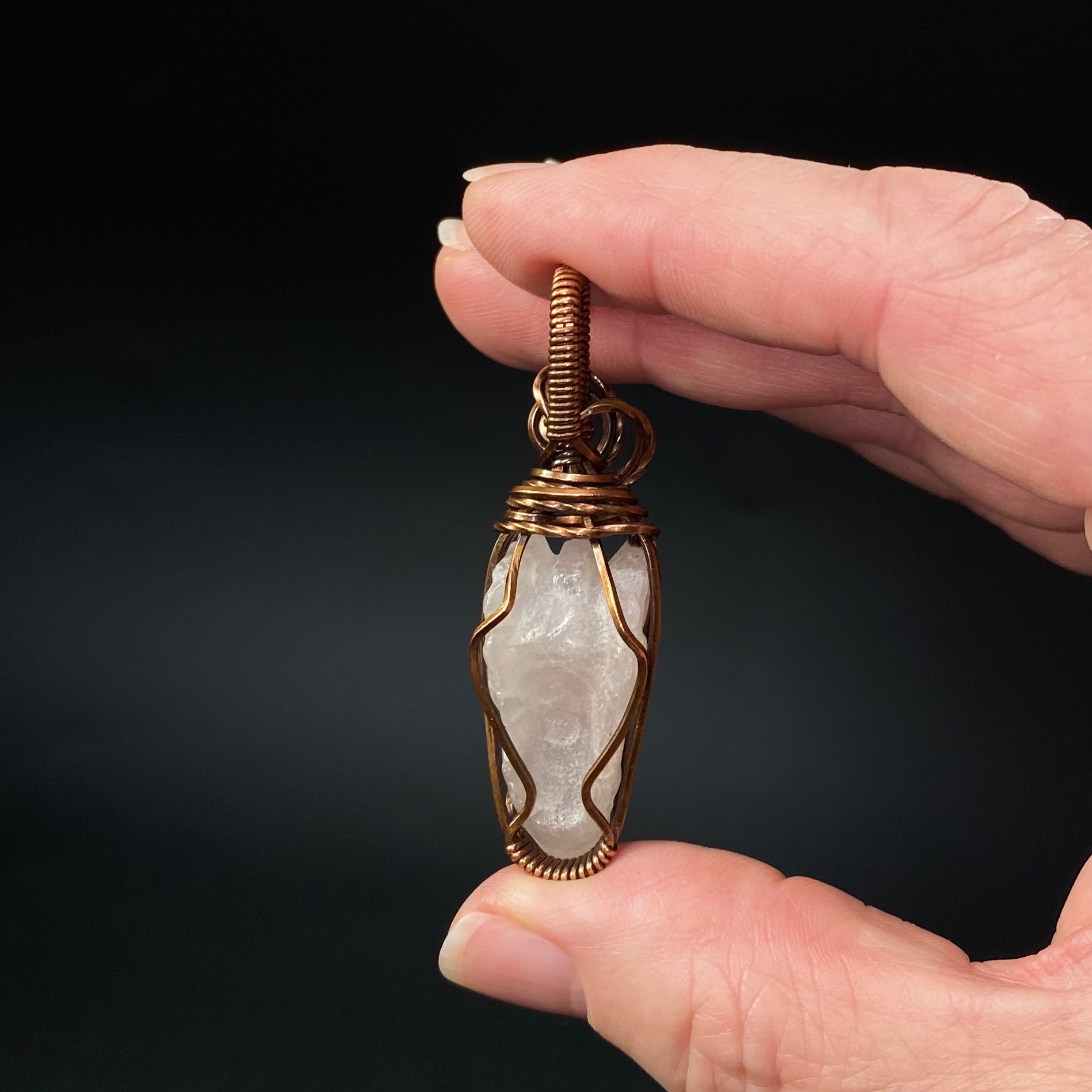 Rose Quartz Dragon and Copper Wire Wrapped Pendant
