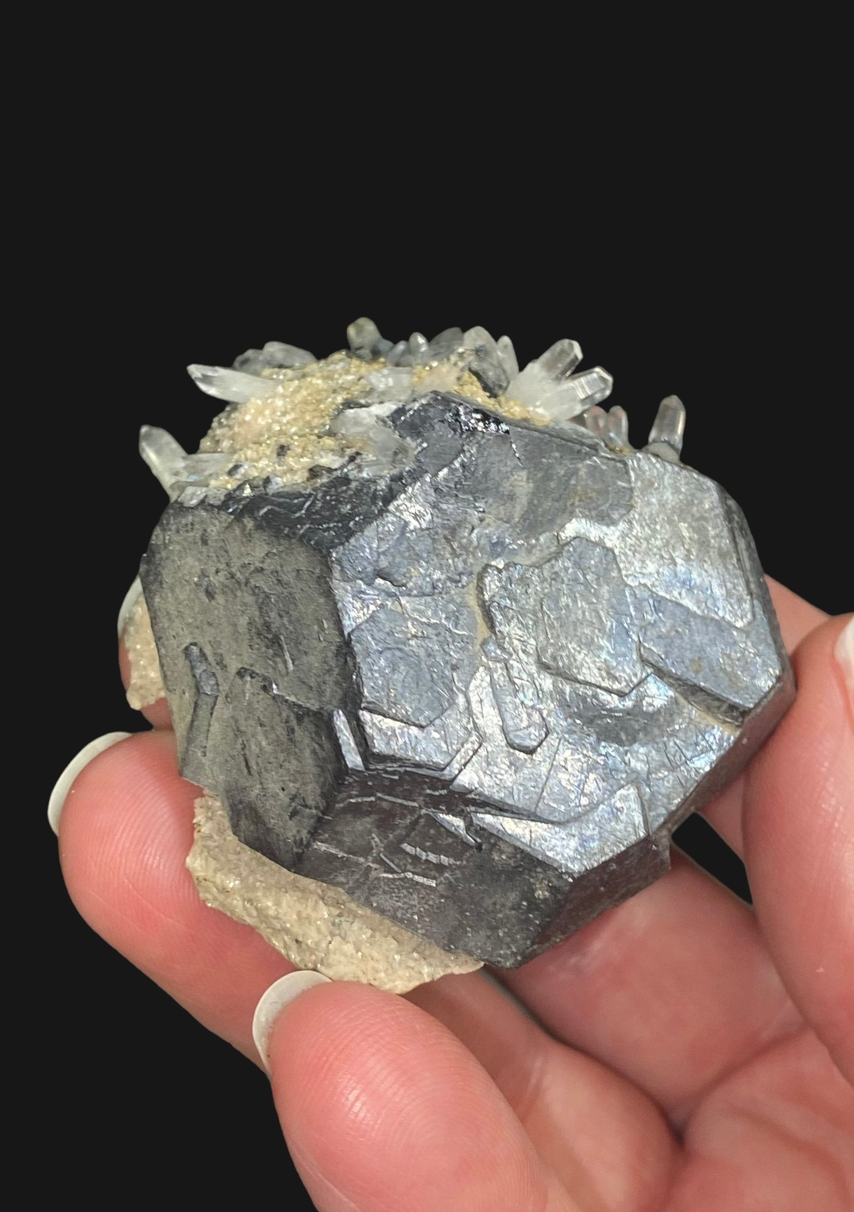 Kosovo Natural Galena Crystal Cluster with Clear Tipped Quartz Crystals and Tan Dolomite from Trepça Mines Kosovo
