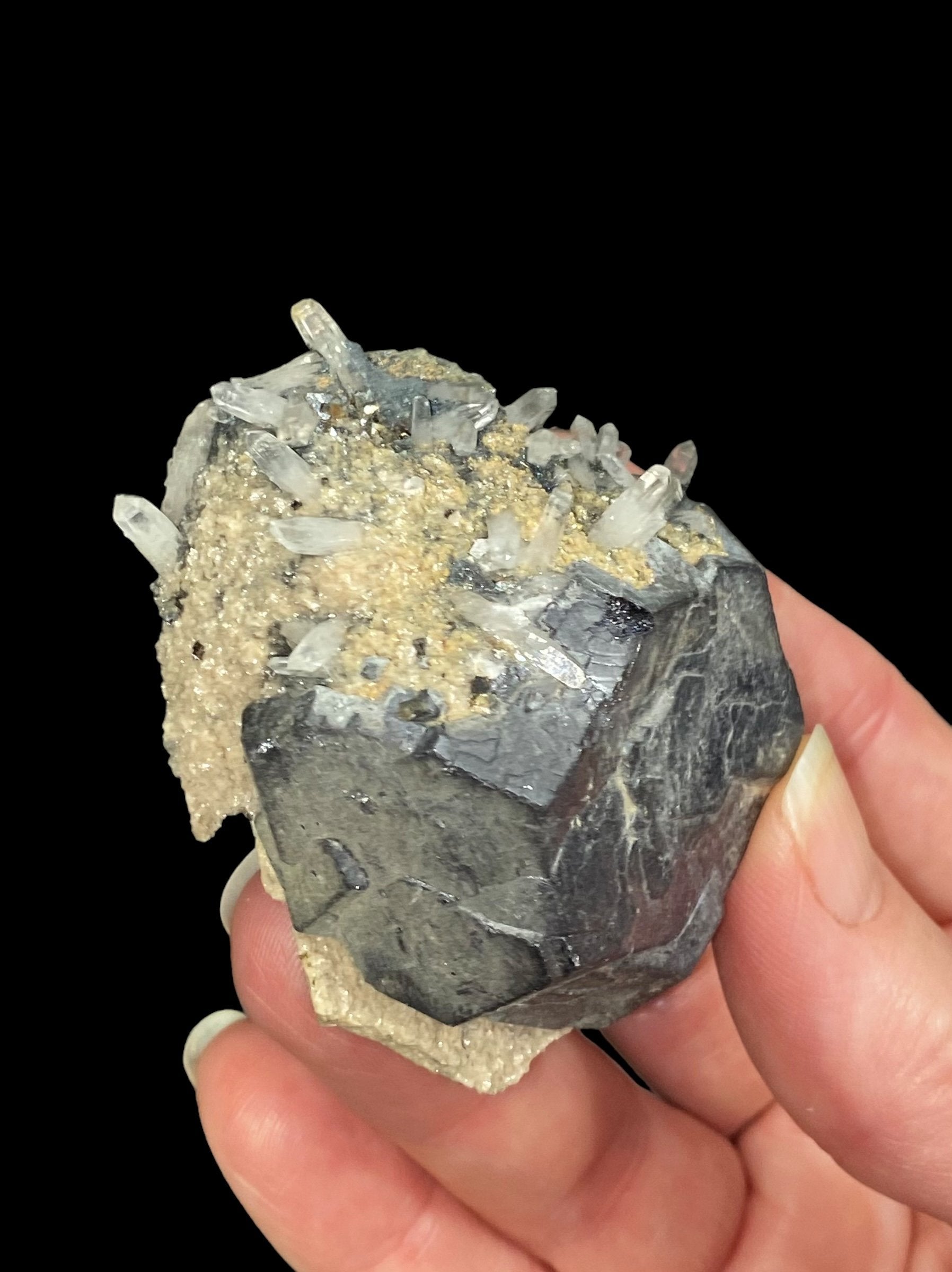 Kosovo Natural Galena Crystal Cluster with Clear Tipped Quartz Crystals and Tan Dolomite from Trepça Mines Kosovo