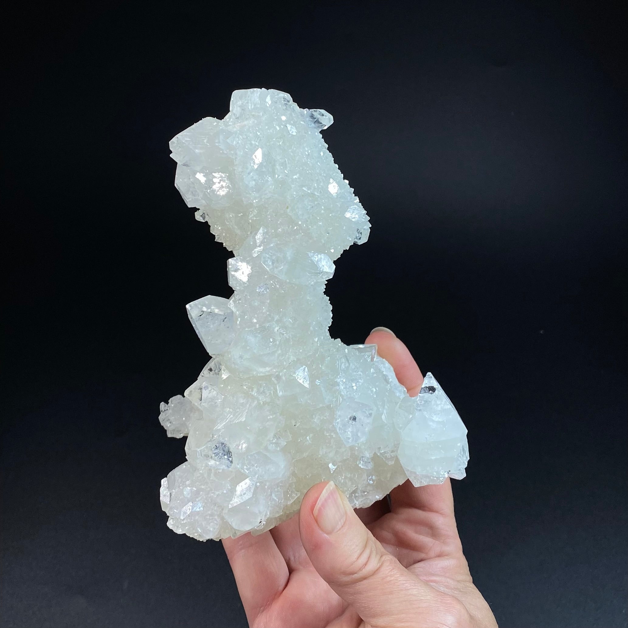 Clear Apophyllite Stalactite Formation Cluster with Fluorescent Calcite Core