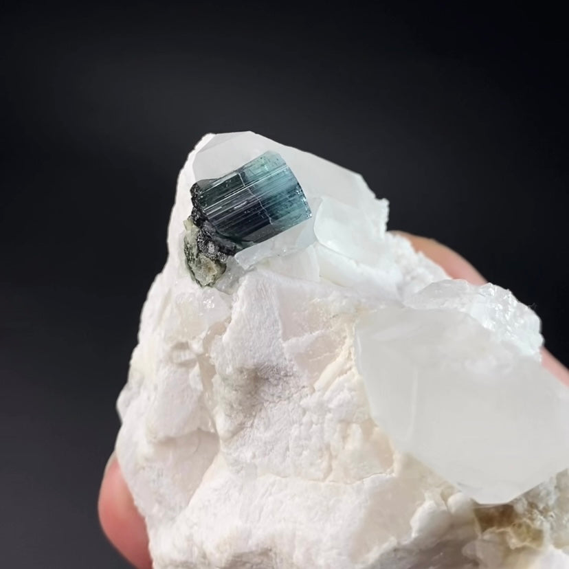 Bicolor Blue & Green Tourmaline with Quartz Crystals on a Feldspar Matrix
