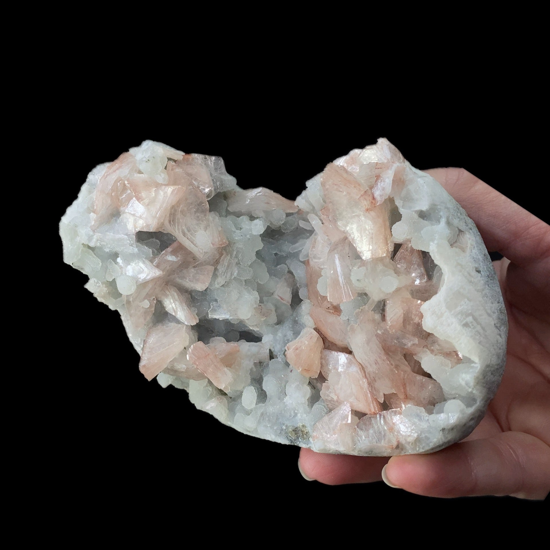 Pink Gemmy Heulandite Crystals with Chalcedony in a Trimmed Basalt Pocket
