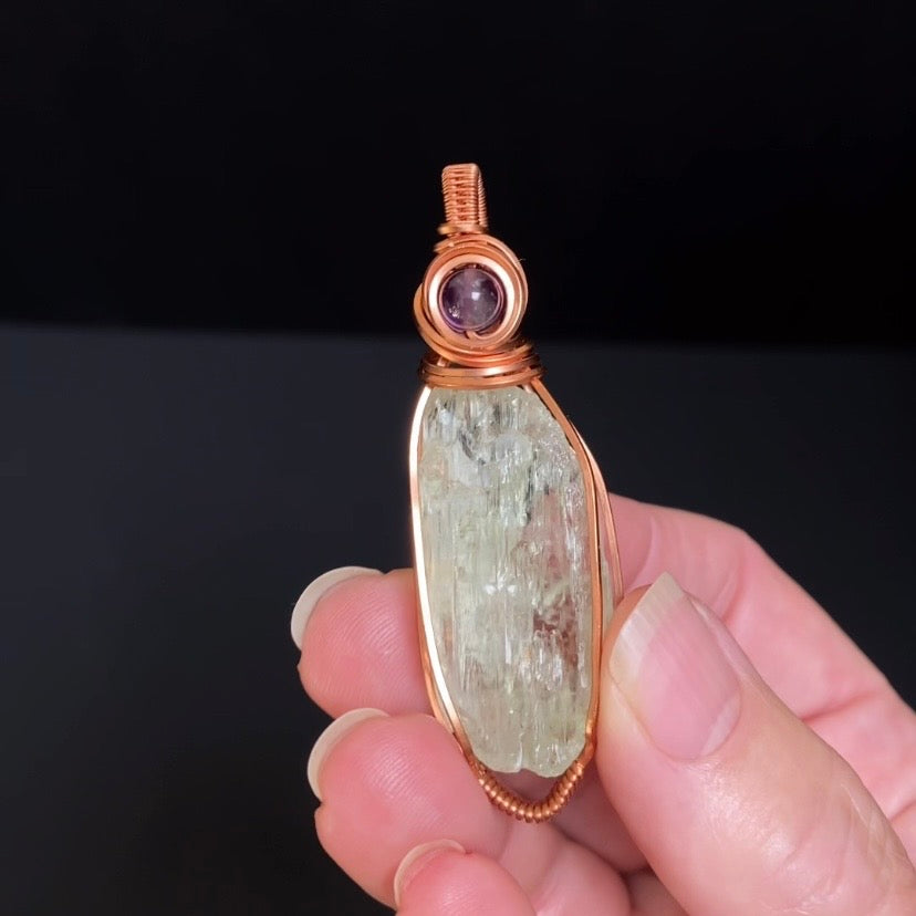 Yellow Spodumene Triphane & Copper Wire Wrapped Pendant with Amethyst - Yellow Kunzite