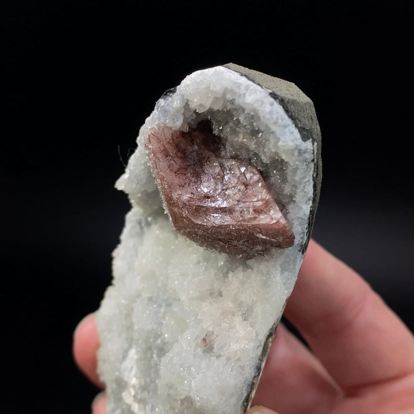 Red-Brown Heulandite Fan with Clear Apophyllite Crystals & Stilbite, in a Trimmed-out Pocket of Volcanic Basalt Matrix