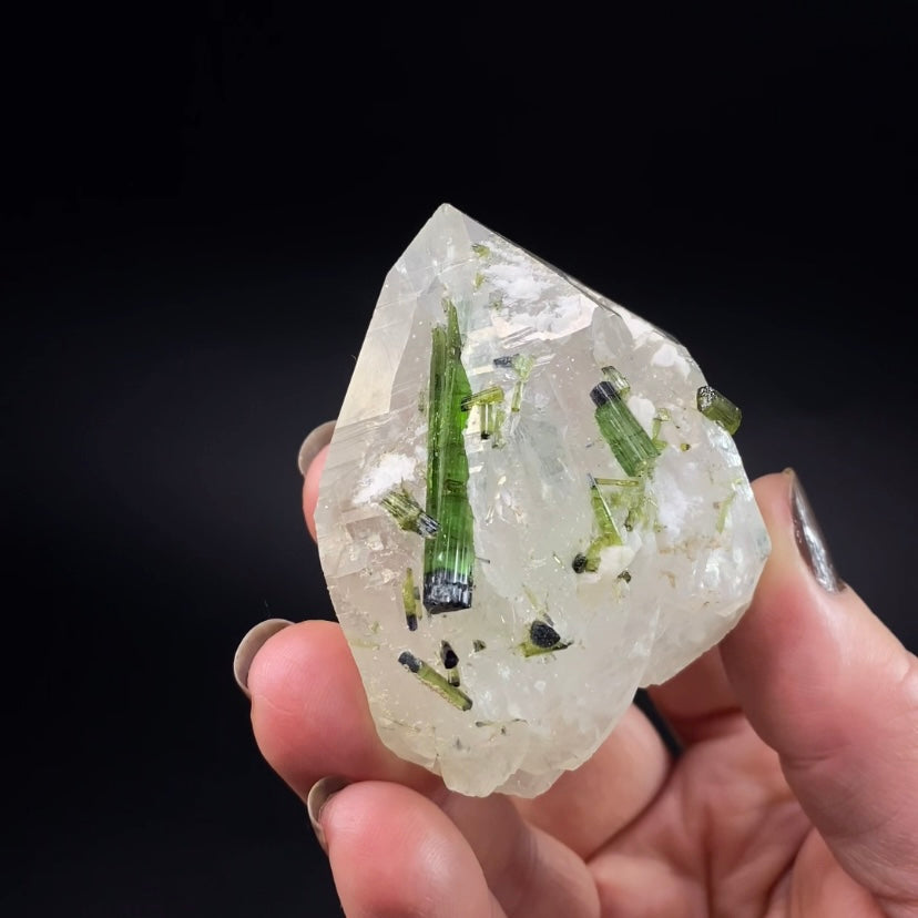 Bicolor Green Tourmaline Crystals on Double Terminated Quartz Crystal, Laghman, Afghanistan