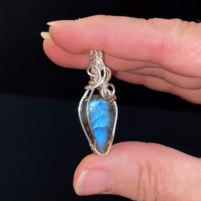 Blue Flash Labradorite and Sterling Silver Wire Wrapped Pendant, Natural Stone Crystal Jewelry