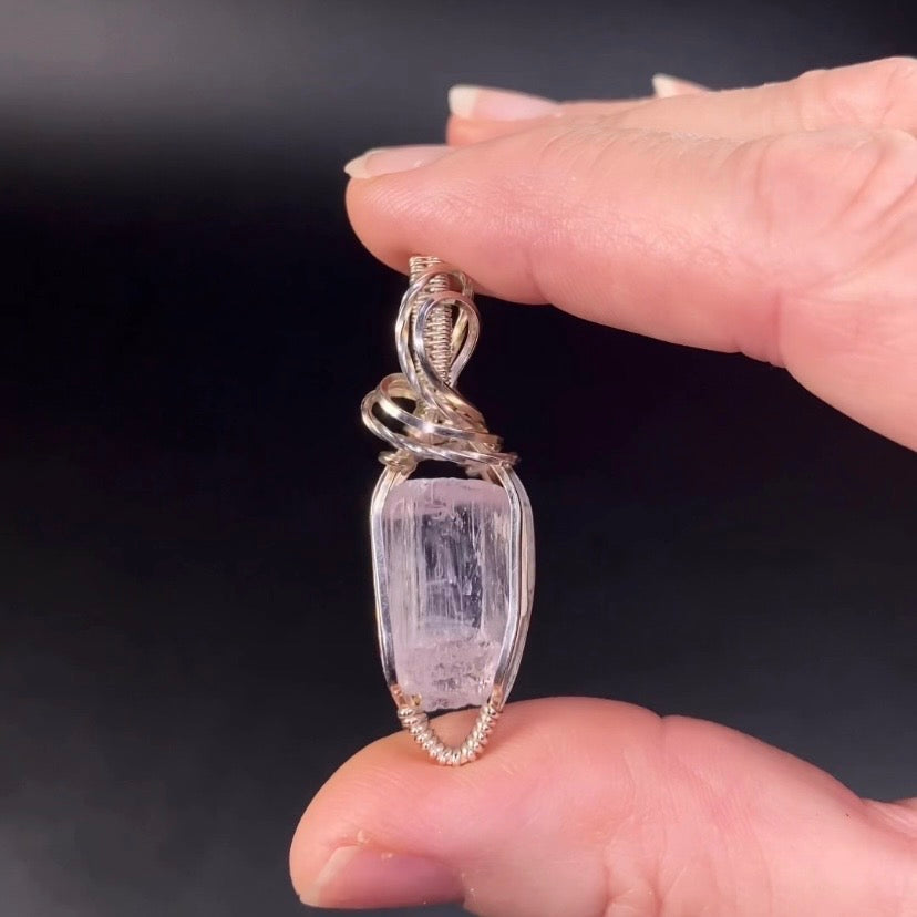 Pink Spodumene Kunzite & Sterling Silver Wire Wrapped Pendant - Fluorescent