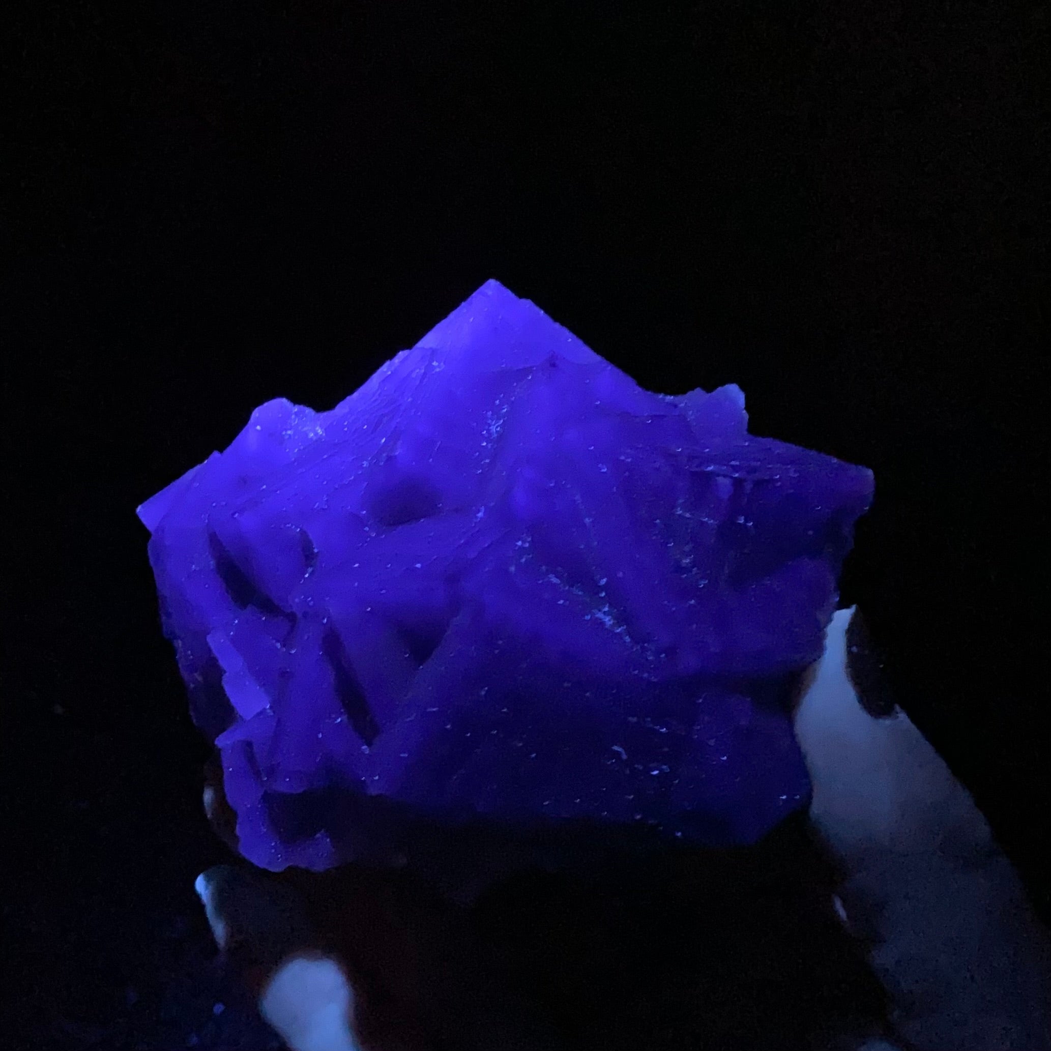 Purple and Gray Stepped Cubic Fluorite Cluster, Fluorescent