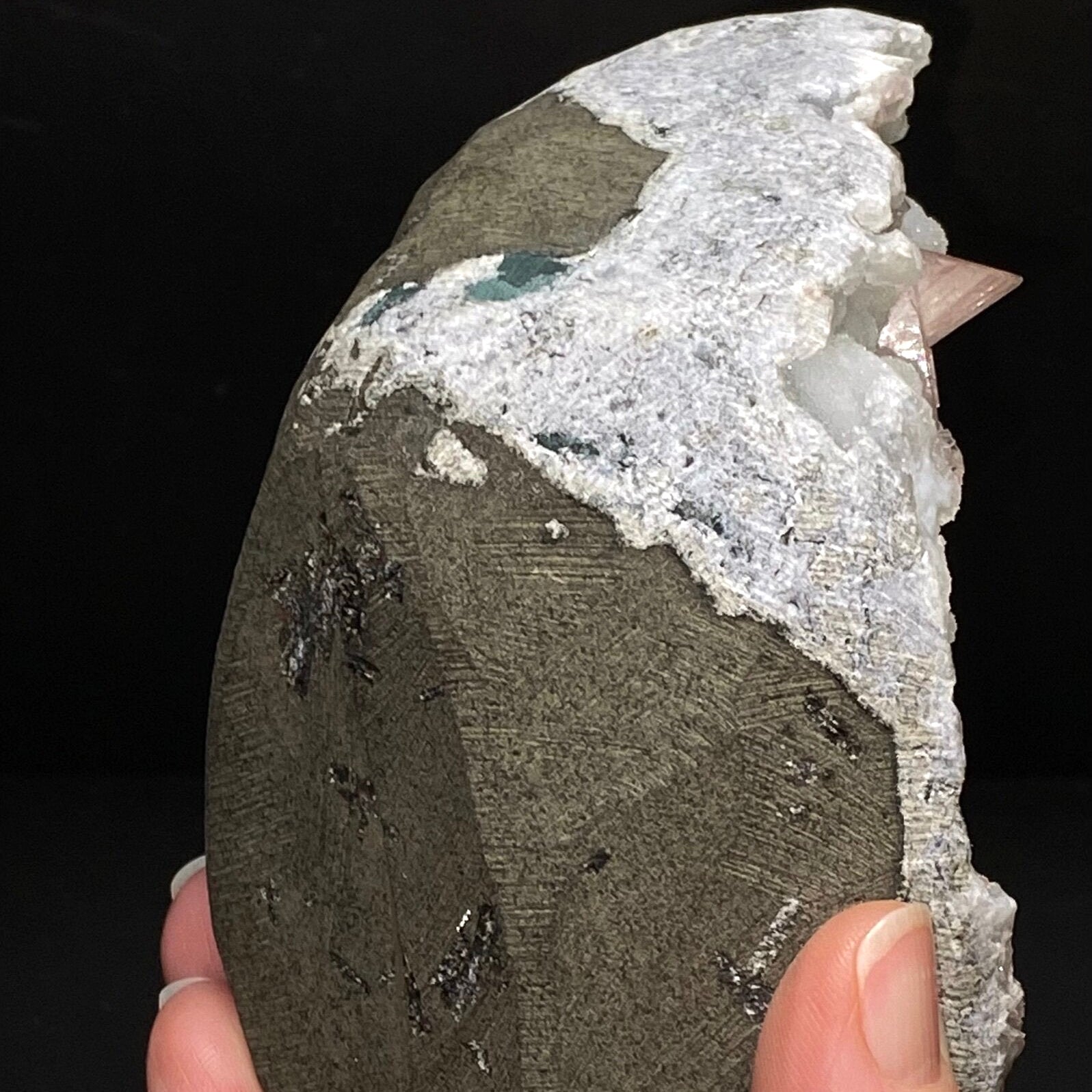 Pink Gemmy Heulandite Crystals with Chalcedony in a Trimmed Basalt Pocket