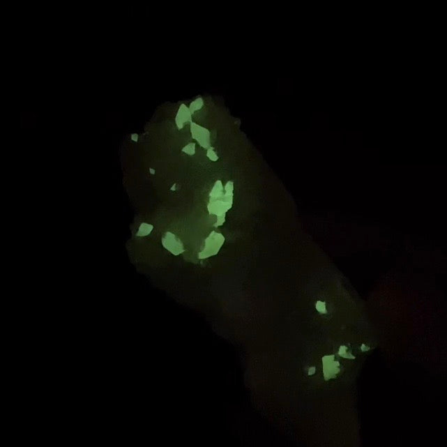 Phosphorescent Golden Honey Calcite Crystals on Druzy Quartz in Basalt Pocket