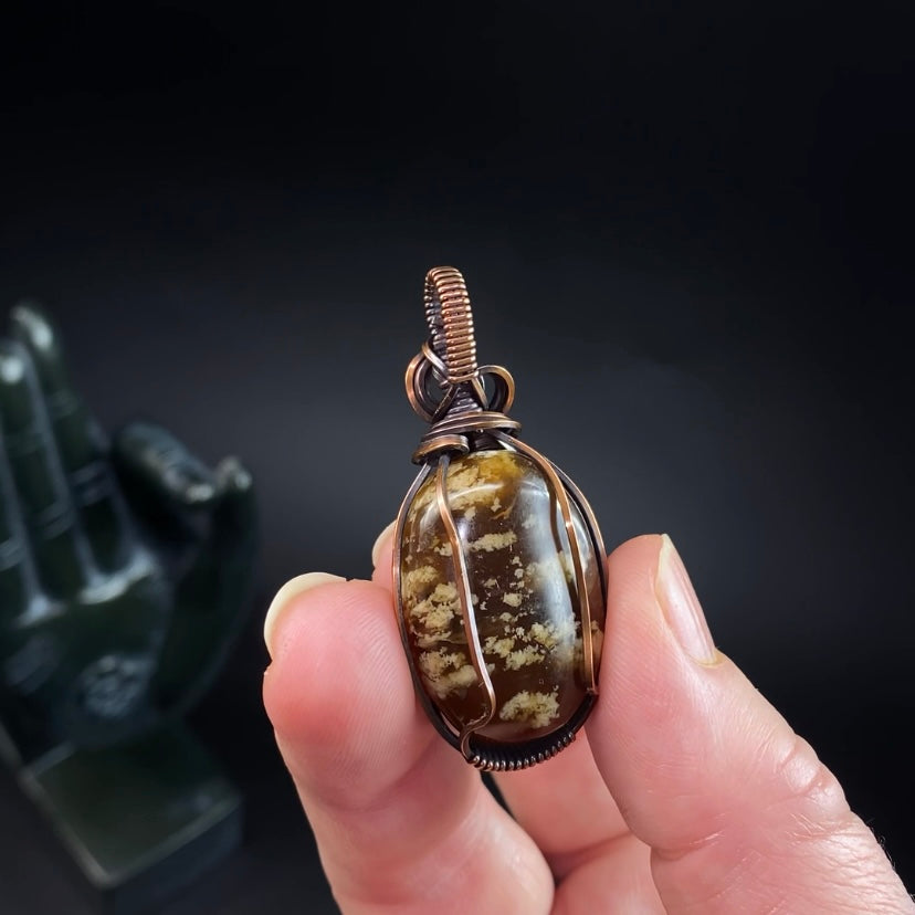 Sumatran Zebra Amber and Copper Wire Wrapped Pendant