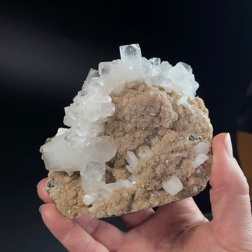 Clear Apophyllite Crystals with Peach Stilbite & Okenite on Basalt Matrix