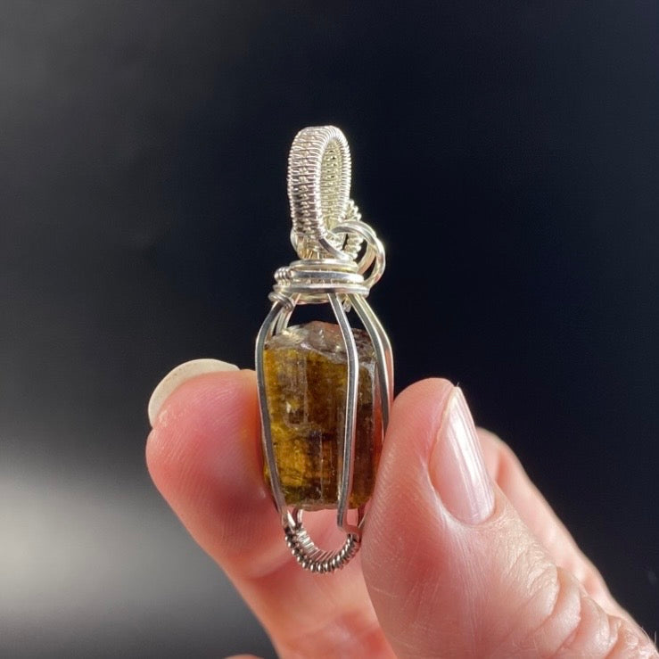 Dravite Tourmaline & Argentium Silver Tarnish Resistant Wire Wrapped Pendant