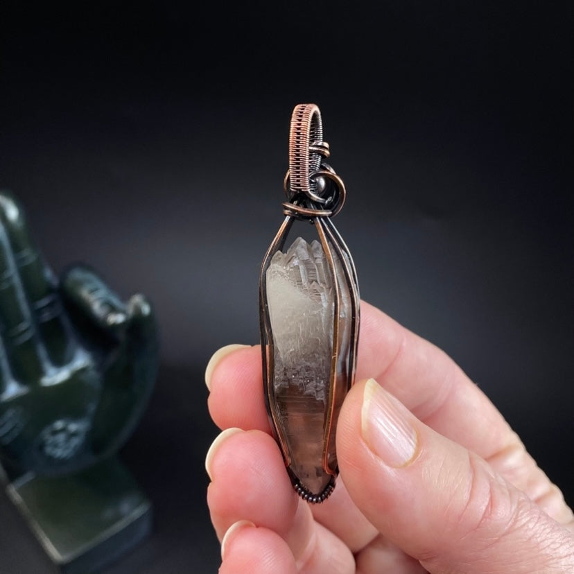 Double Terminated Elestial Smoky Quartz & Copper Wire Wrapped Handmade Pendant