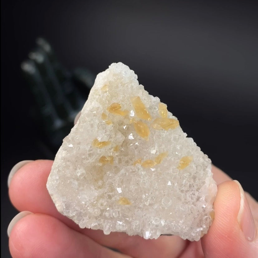 Phosphorescent Golden Honey Calcite Crystals on Druzy Quartz in Basalt Pocket