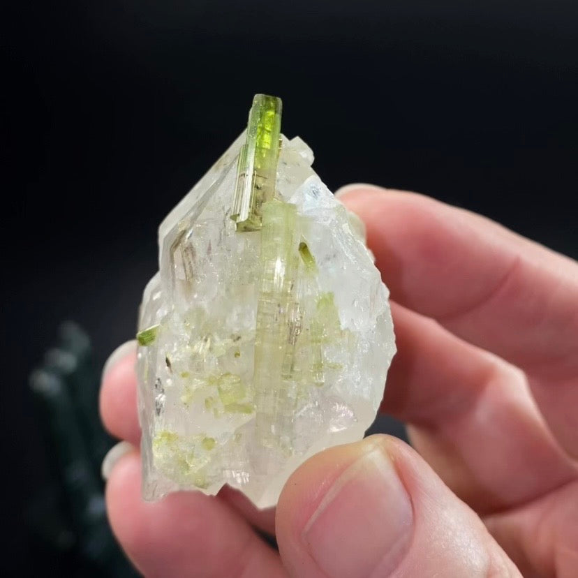 Bicolor Green Tourmaline Crystals on Clear Quartz Crystal