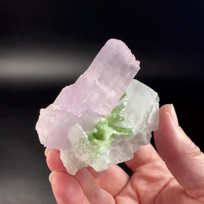 Pink Spodumene Kunzite Crystal with Green Tourmaline Crystals and Self Healed Quartz, Laghman, Afghanistan