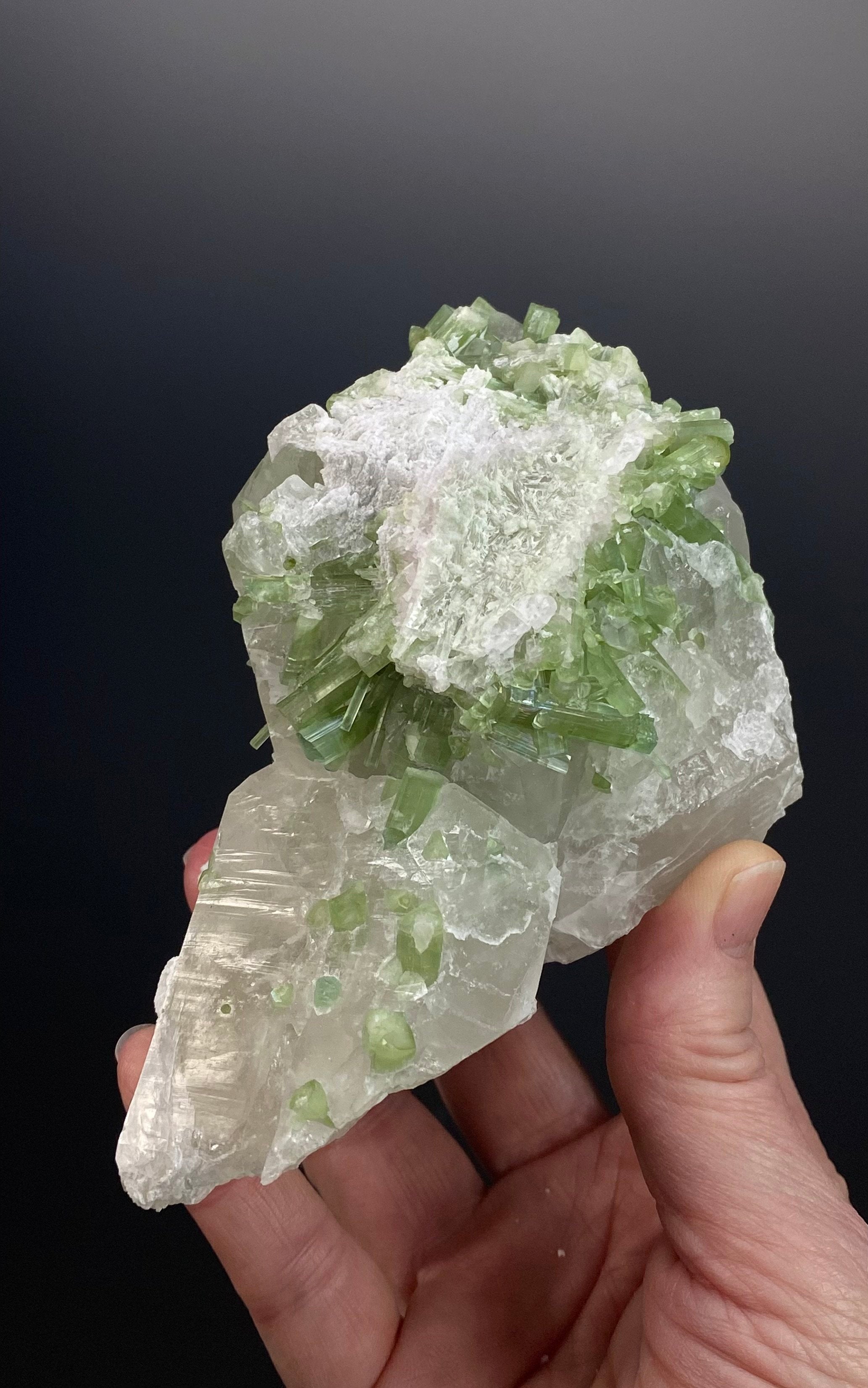 Green Tourmaline Crystals with Lepidolite on Quartz, Laghman, Afghanistan