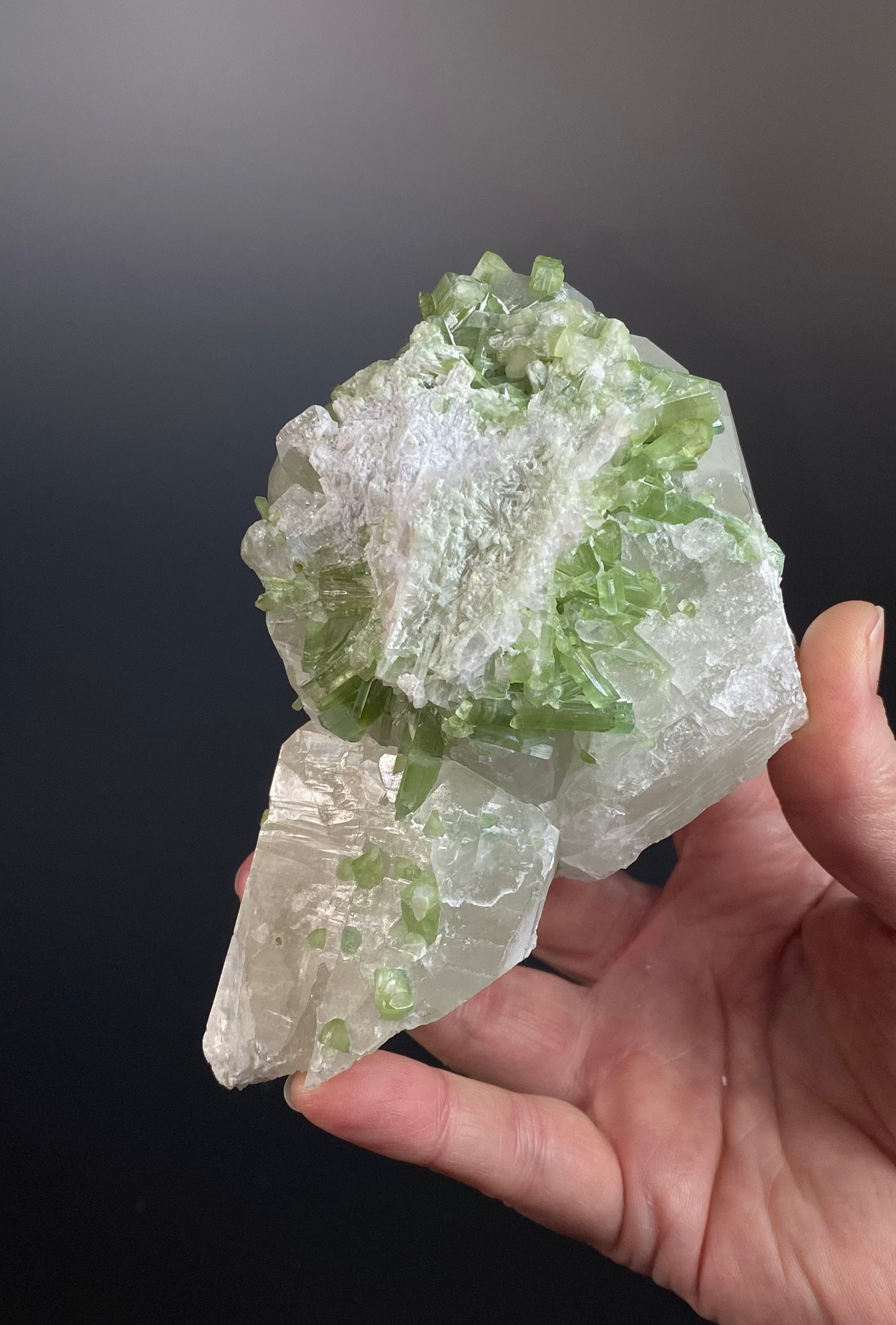 Green Tourmaline Crystals with Lepidolite on Quartz, Laghman, Afghanistan