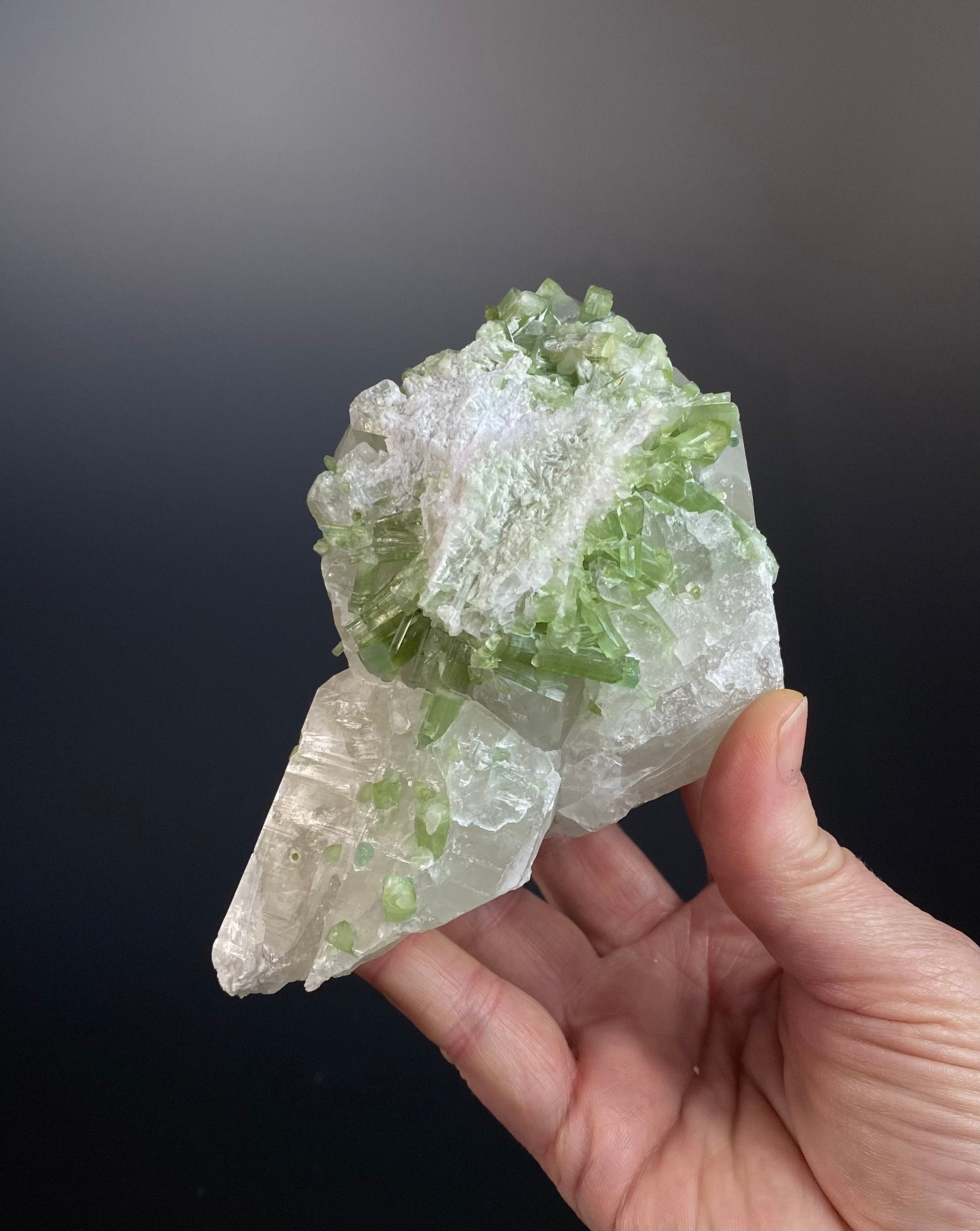 Green Tourmaline Crystals with Lepidolite on Quartz, Laghman, Afghanistan