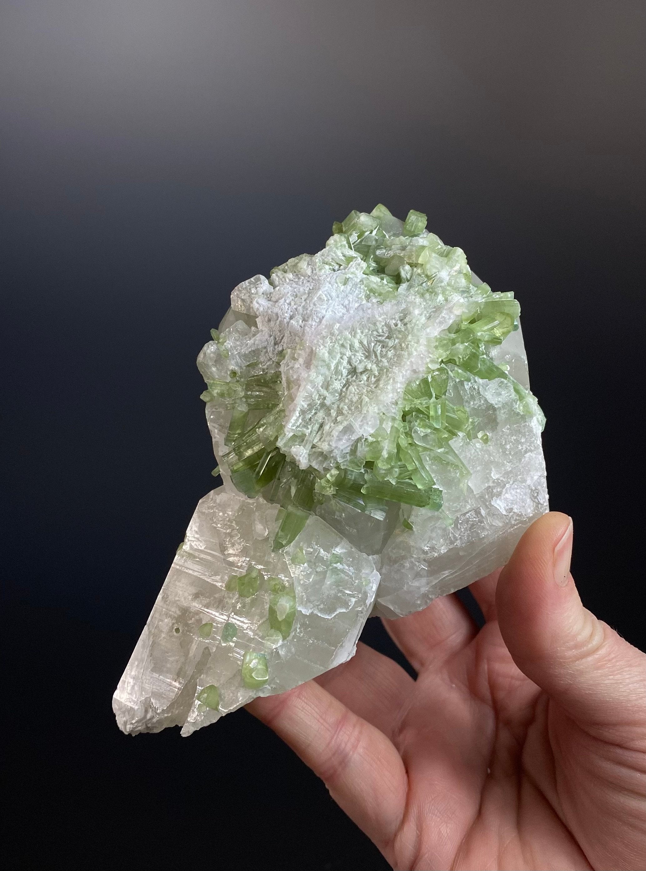 Green Tourmaline Crystals with Lepidolite on Quartz, Laghman, Afghanistan