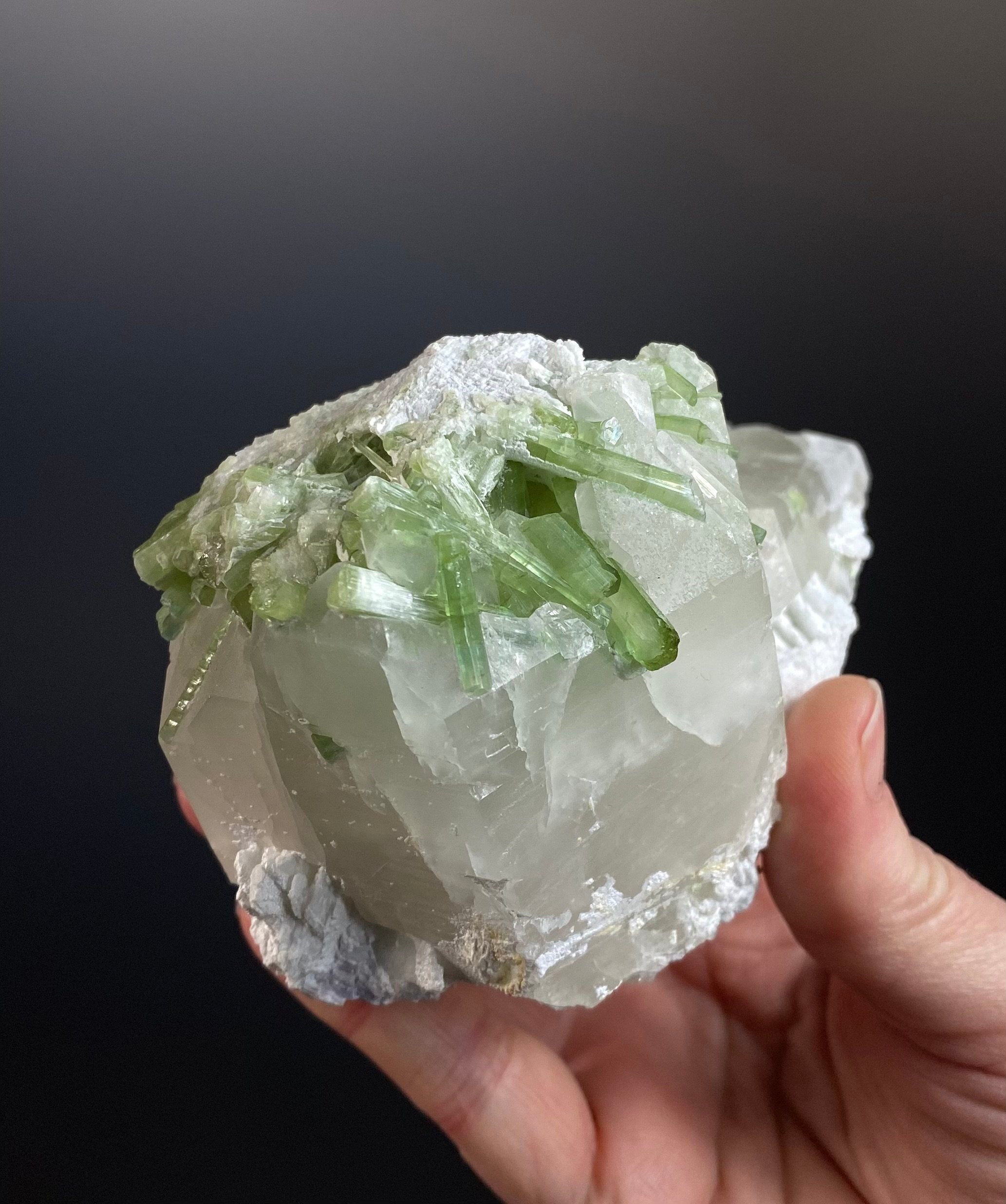 Green Tourmaline Crystals with Lepidolite on Quartz, Laghman, Afghanistan