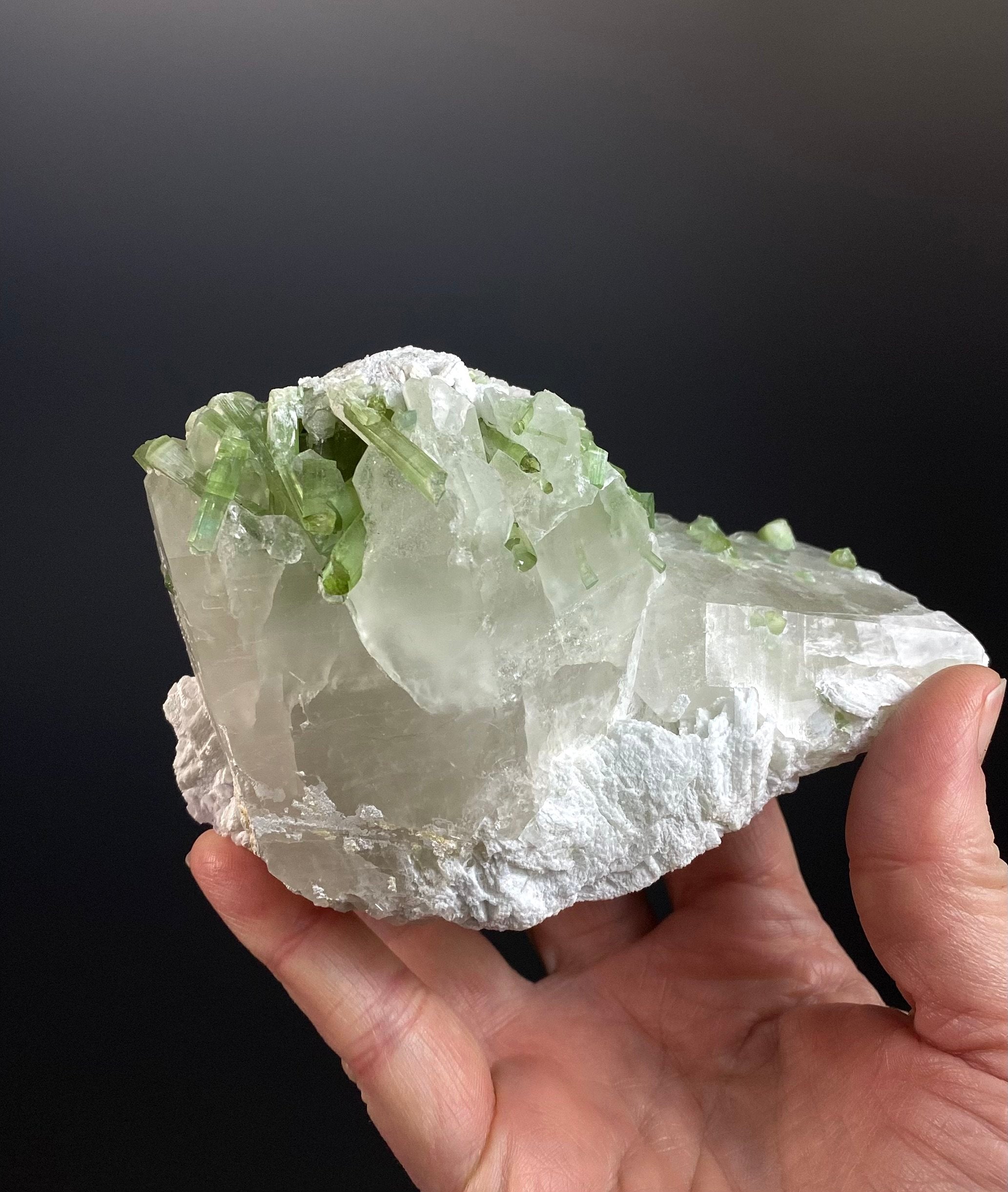 Green Tourmaline Crystals with Lepidolite on Quartz, Laghman, Afghanistan