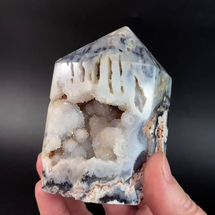 Agate & Druzy Quartz Polished Tower with Multiple Vugs