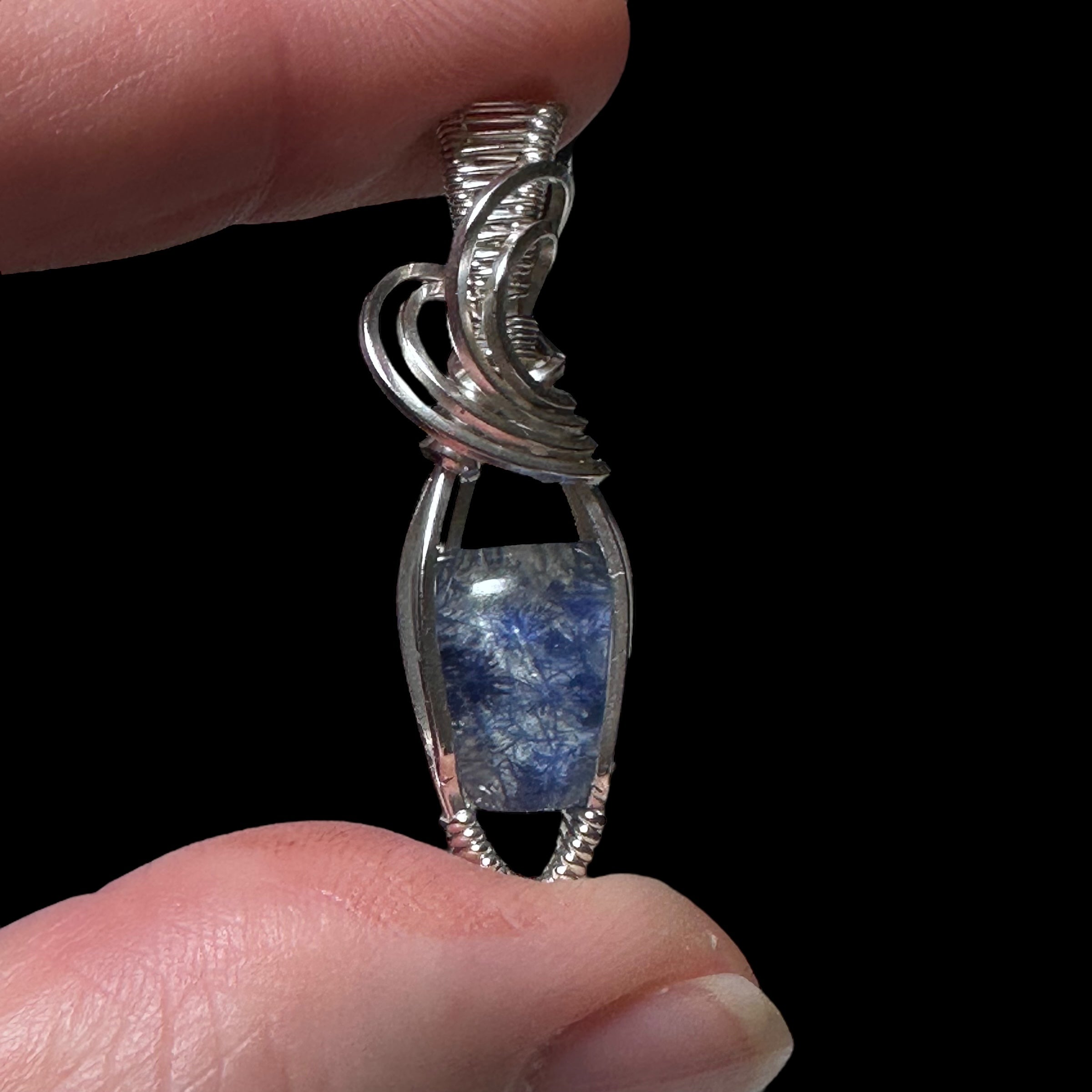 High Grade Dumortierite Included Quartz & Sterling Silver Handmade Wire Wrapped Pendant