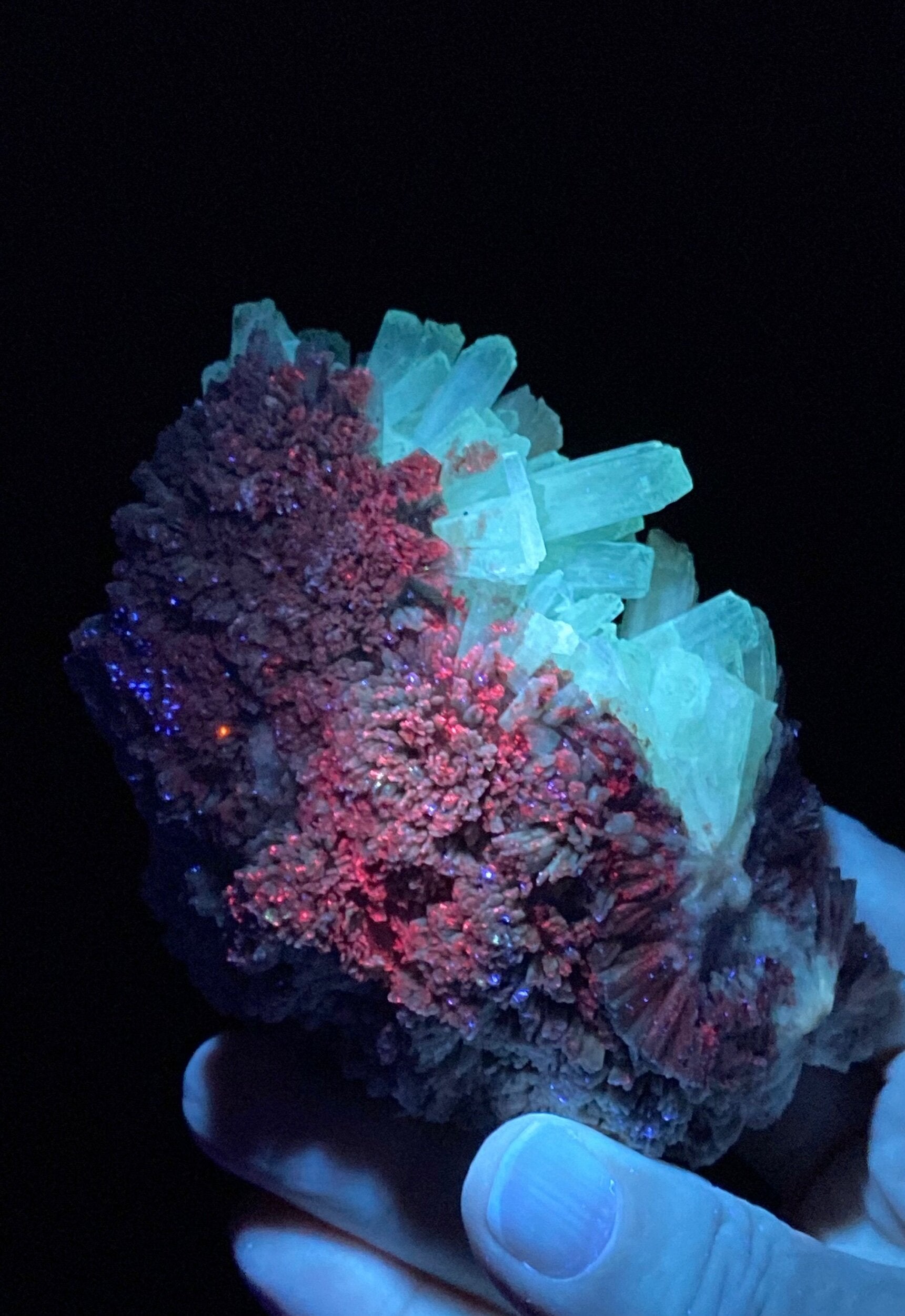 Green & Brown Radiating Aragonite Cluster - Green Areas Phosphorescent