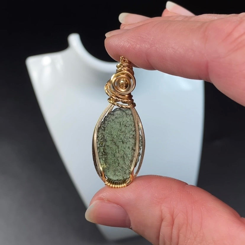 Genuine Moldavite & 14k Gold Fill Wire Wrapped Pendant