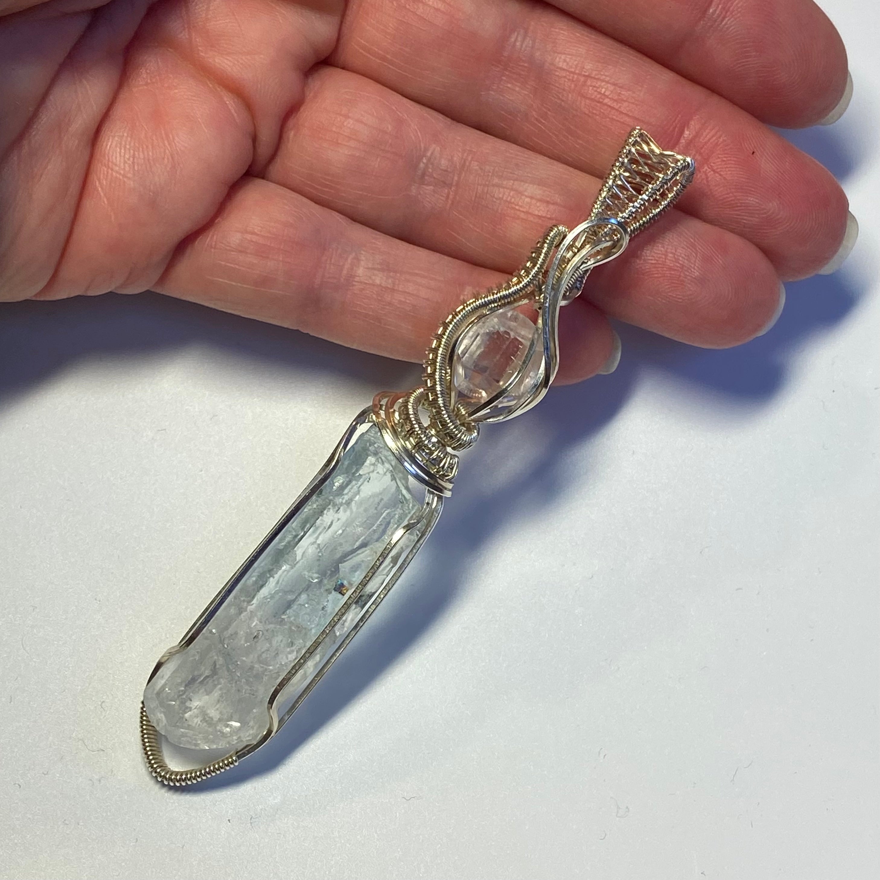 Natural Aquamarine and Topaz Sterling Silver Handmade Wire Wrapped Pendant