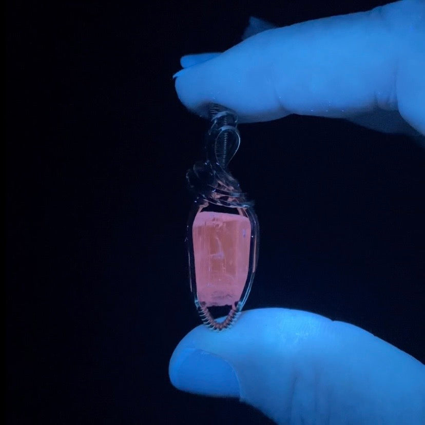 Pink Spodumene Kunzite & Sterling Silver Wire Wrapped Pendant - Fluorescent