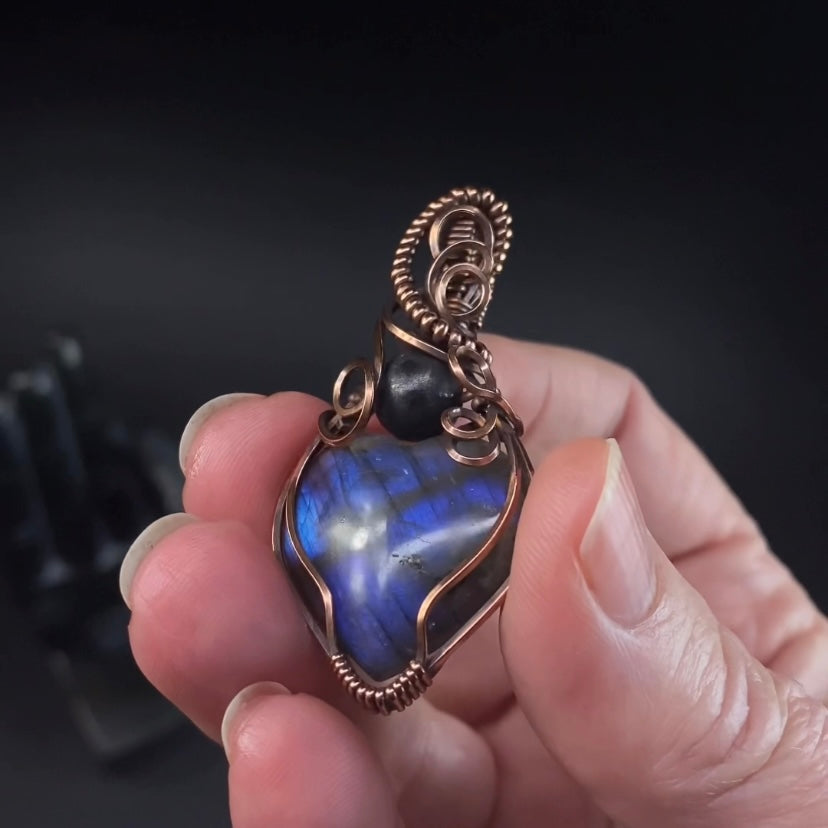 Labradorite Heart and Copper Wire Wrapped Pendant with Shungite Accent Bead