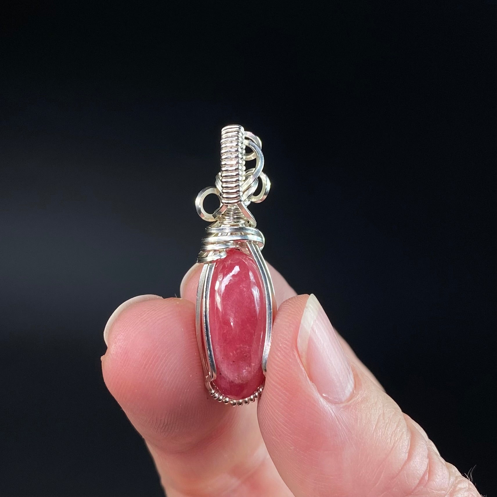 High Grade Polished Rhodonite & Sterling Silver Wire Wrapped Pendant