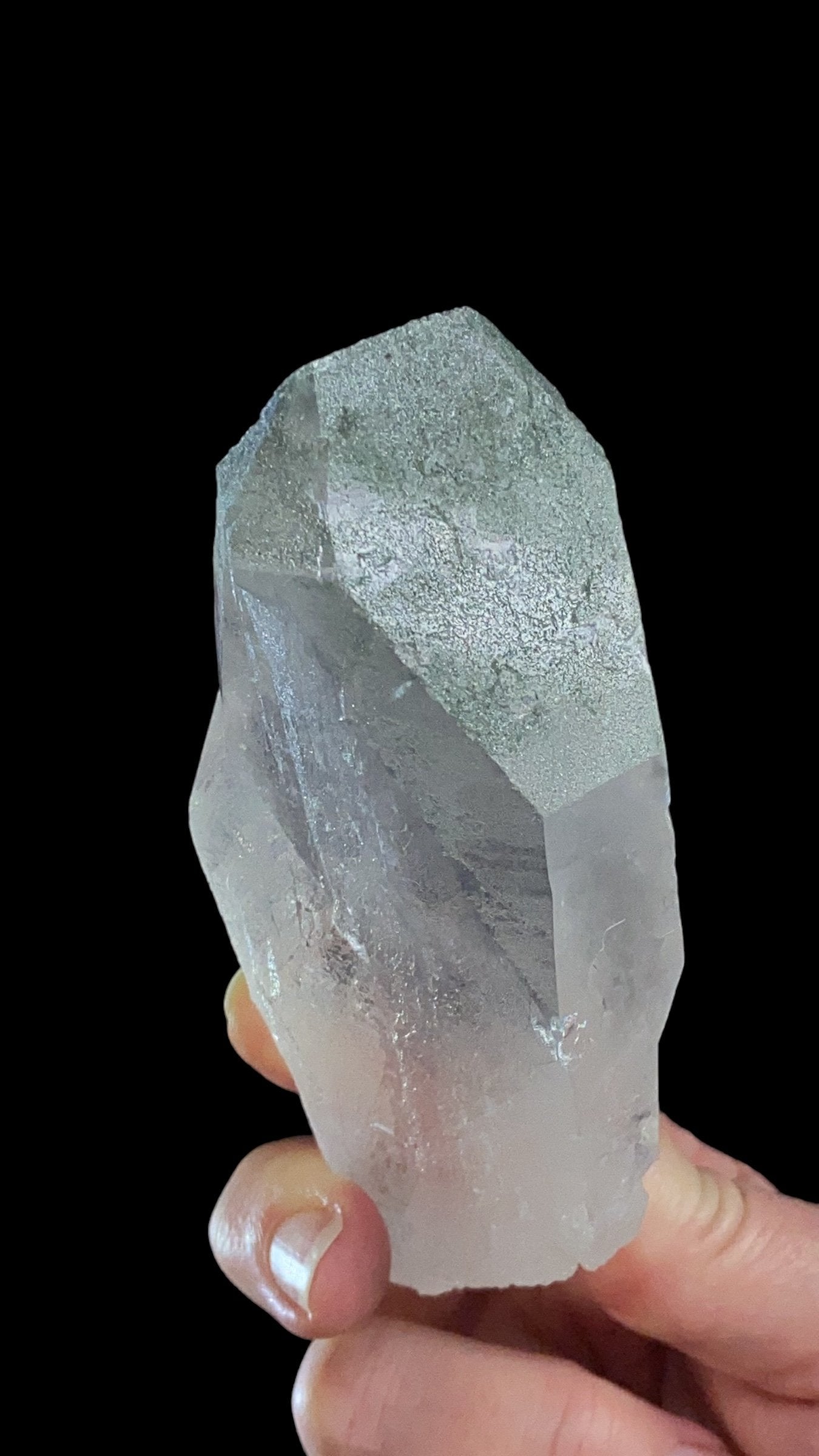 Clear Quartz Crystal with Shimmering Chlorite Surface Coating