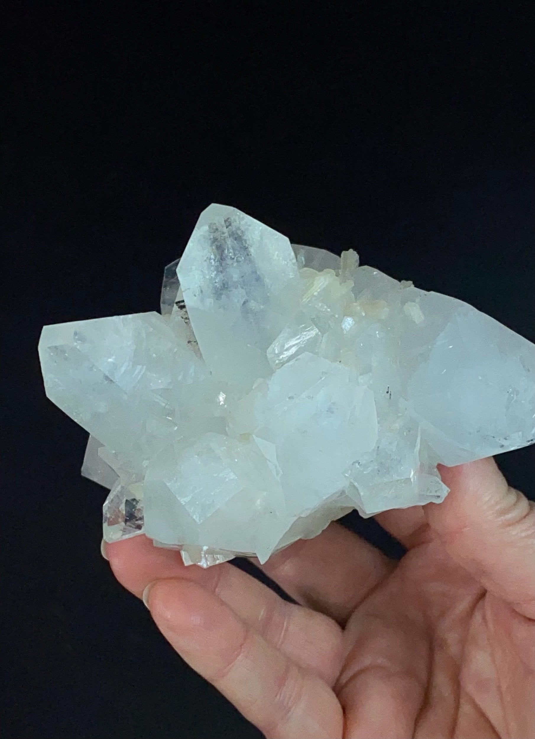 Clear Apophyllite Crystal Cluster with Stilbite & Fluorescent Inclusions, from Jalgaon, Maharashtra, India