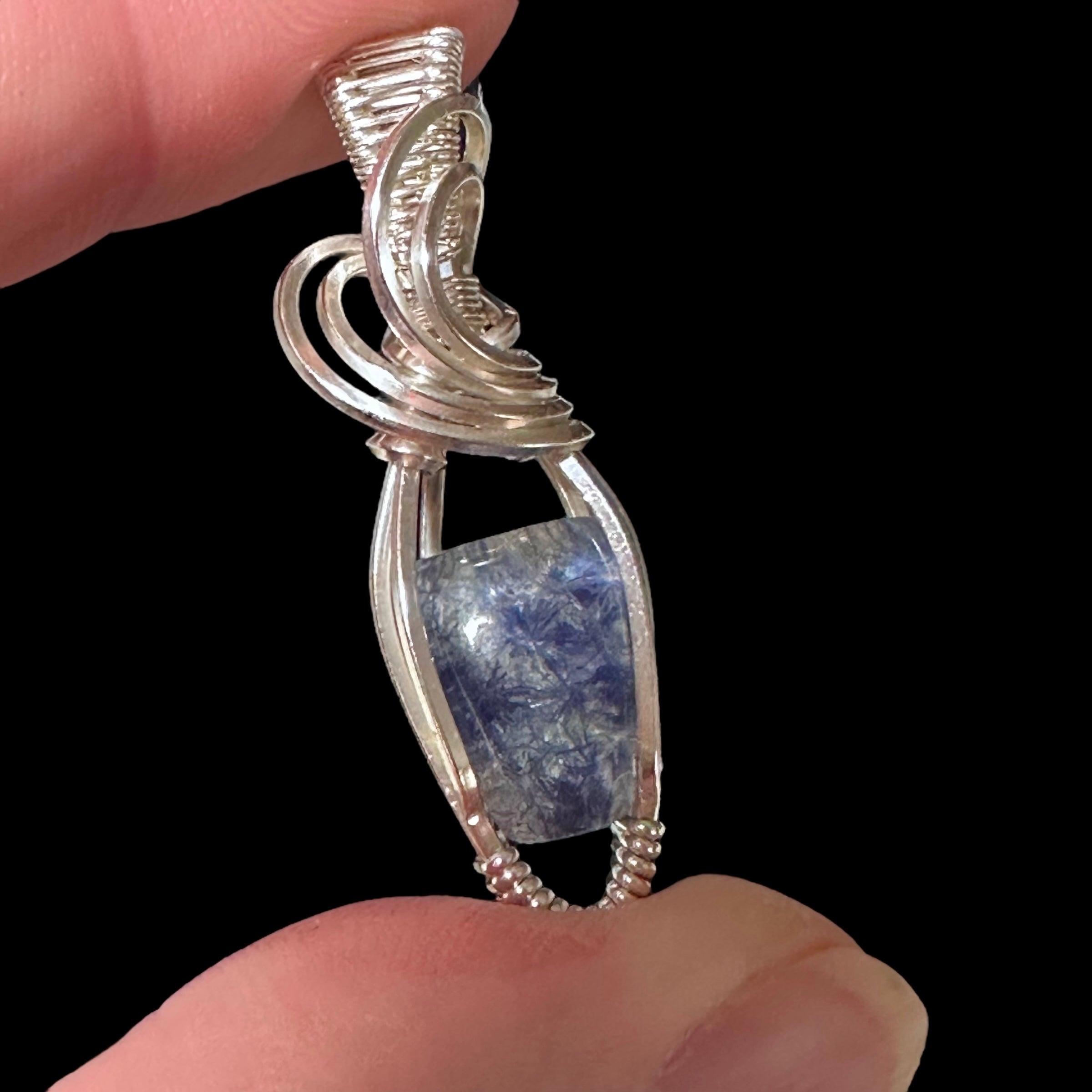 High Grade Dumortierite Included Quartz & Sterling Silver Handmade Wire Wrapped Pendant