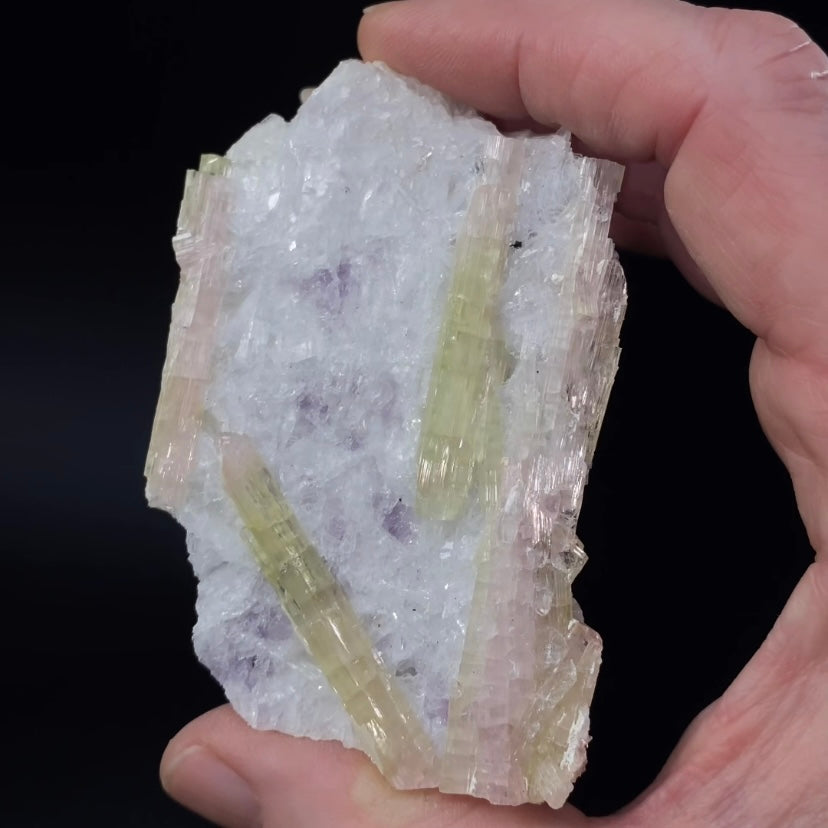 Lustrous Green and Pink Tourmaline Crystals on Lepidolite & Clevelandite Matrix