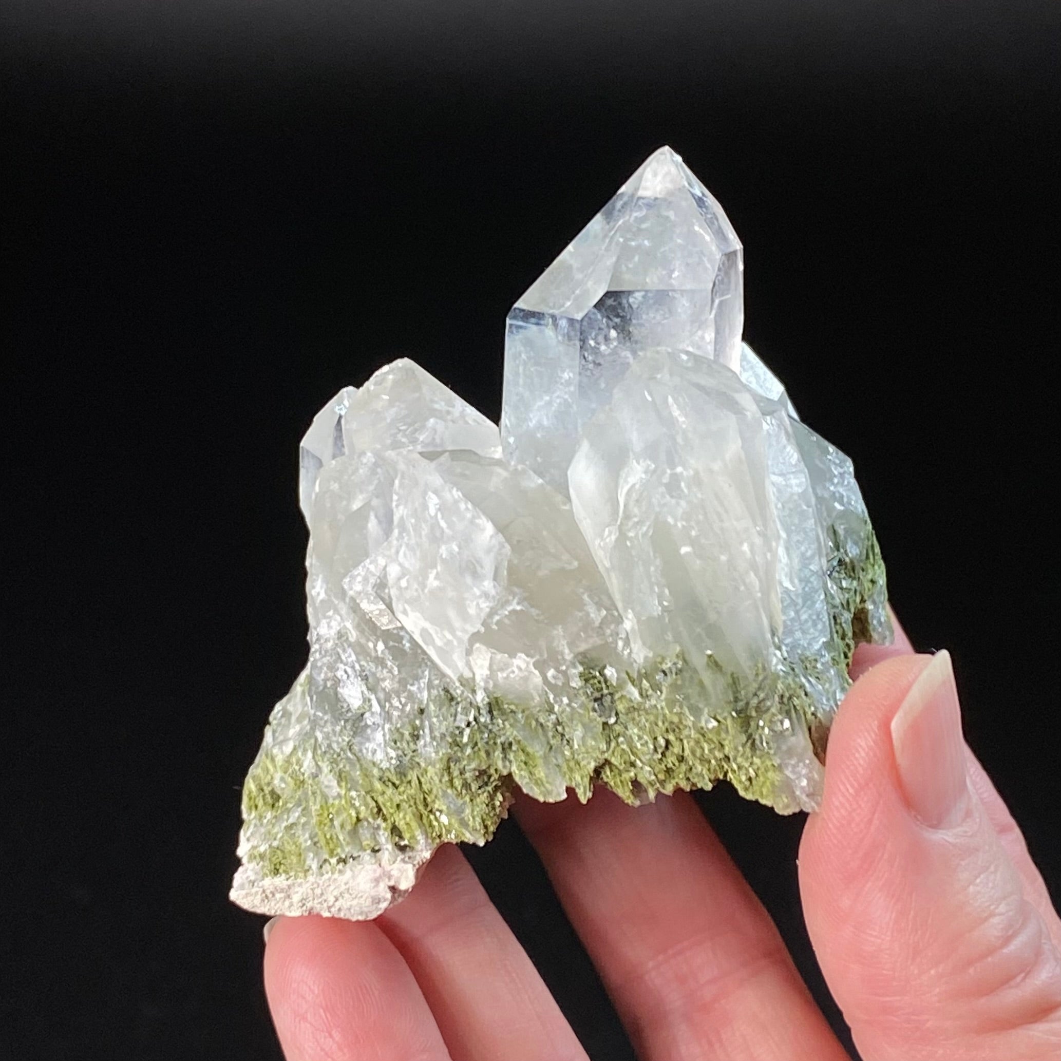 Quartz Crystal Cluster with Dark Green Epidote Crystals & Byssolite