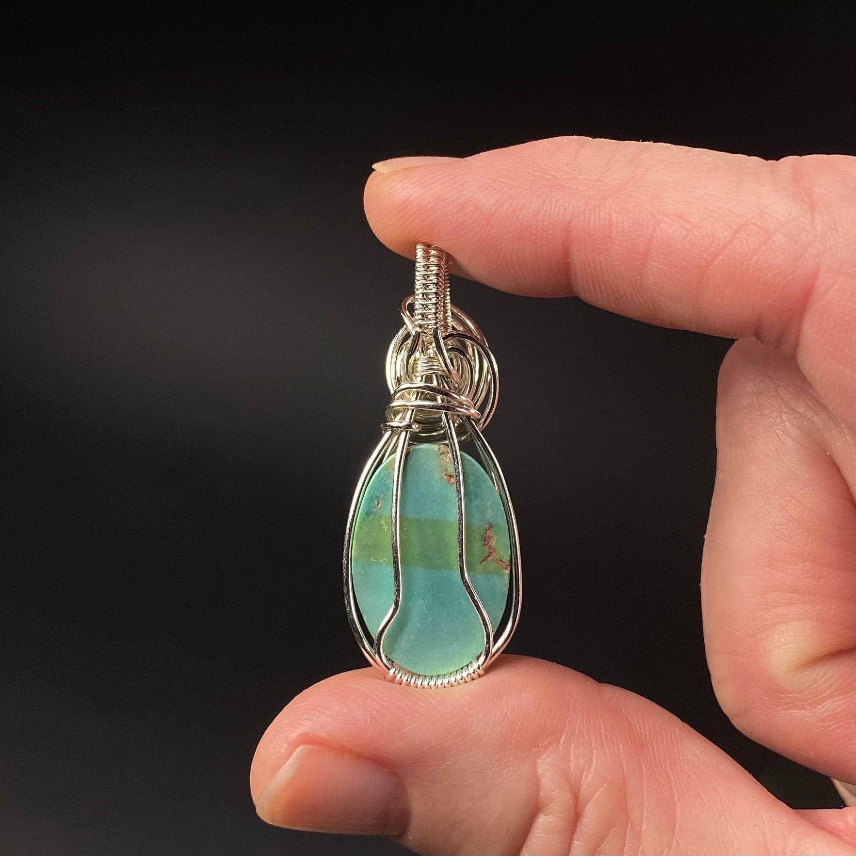 Vintage Nevada Turquoise Cabochon & Sterling Silver Wire Wrapped Pendant