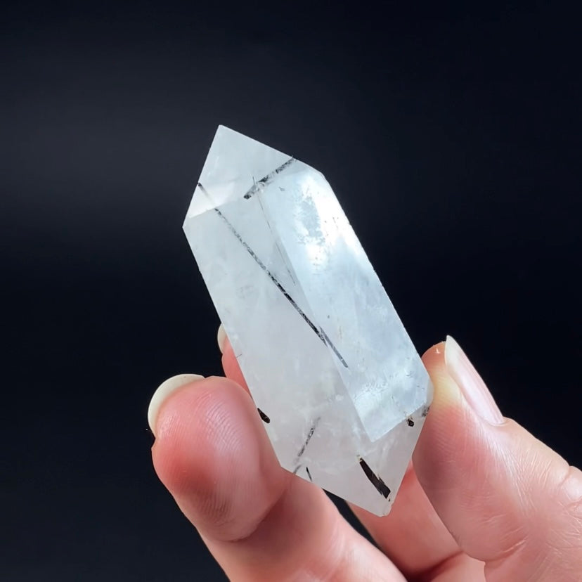 Clear Polished Double Terminated Quartz Crystal with Black Tourmaline Inclusions