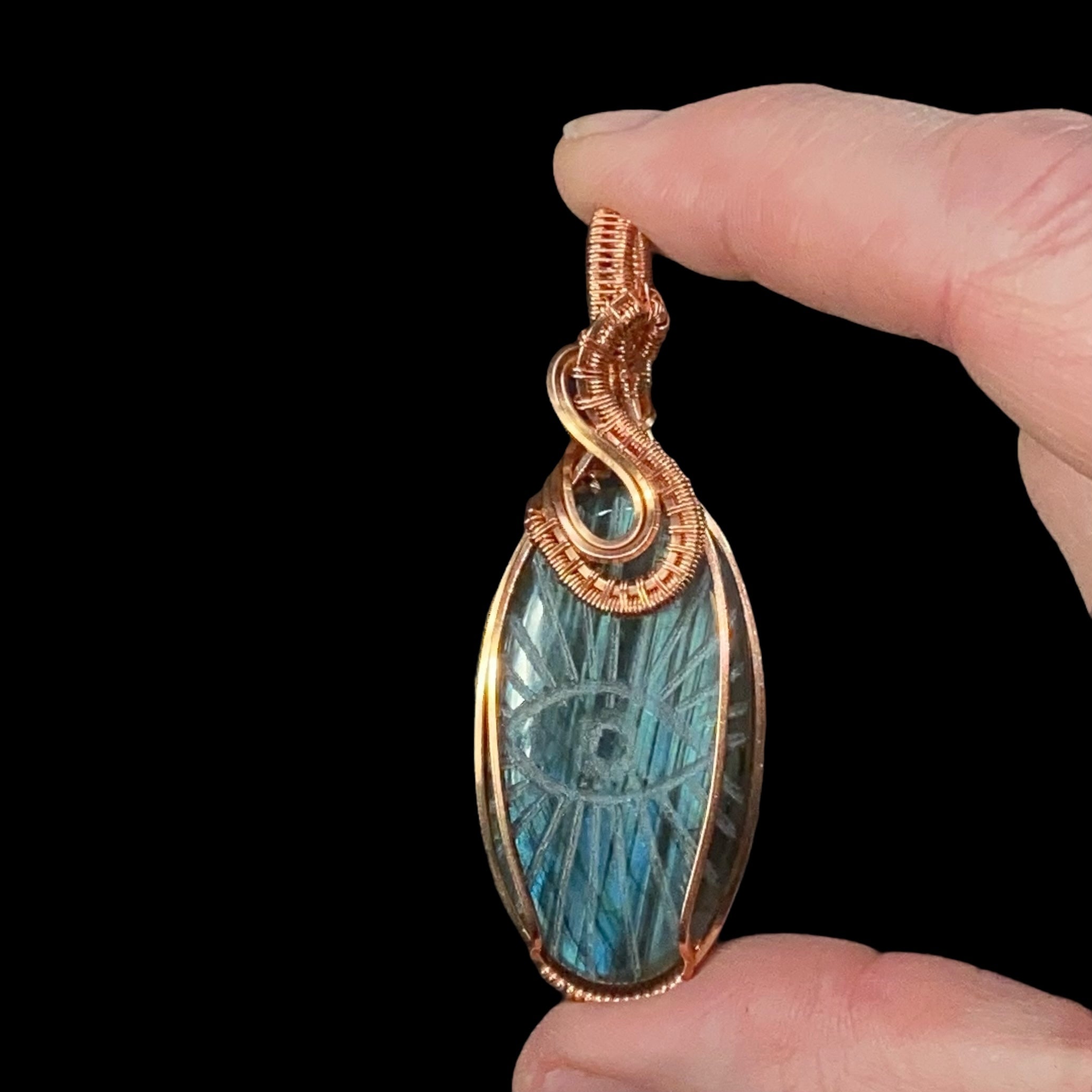 Evil Eye Carved Labradorite Cabochon and Copper Handmade Wire Wrapped Pendant