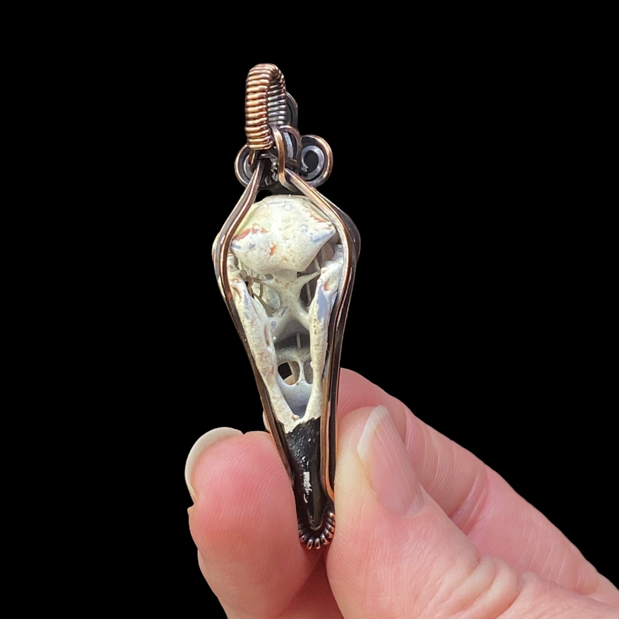 Resin Raven Skull & Triskelion Spiral Copper Wire Wrapped Pendant