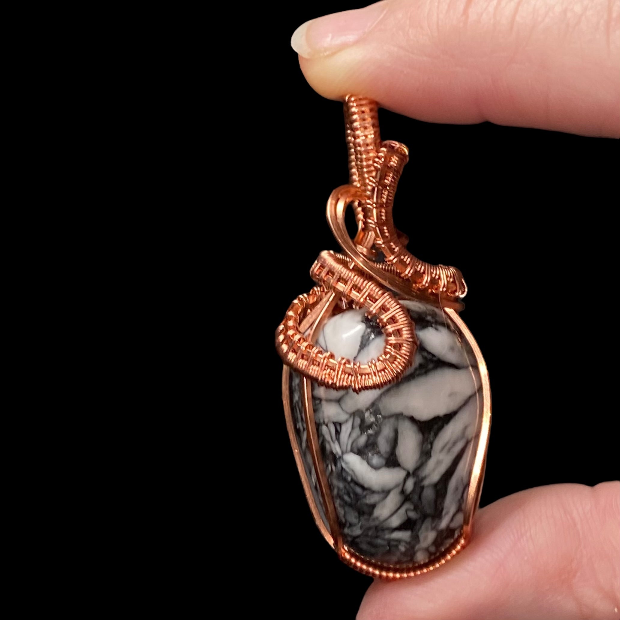 Pinolith Polished Tumble Stone & Raw Copper Wire Wrapped Pendant