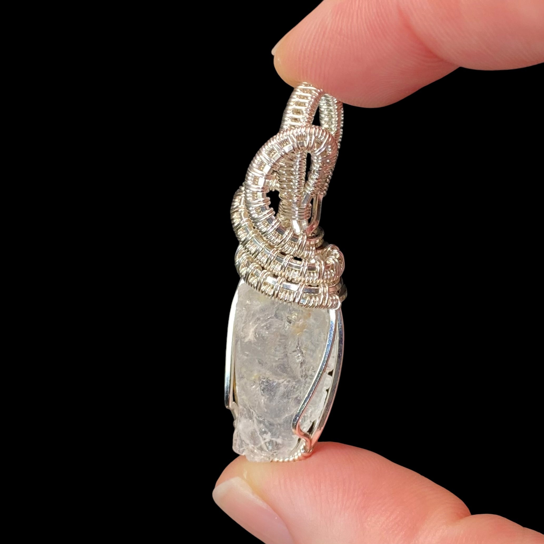 Raw Pollucite & Sterling Silver Wire Wrapped Pendant