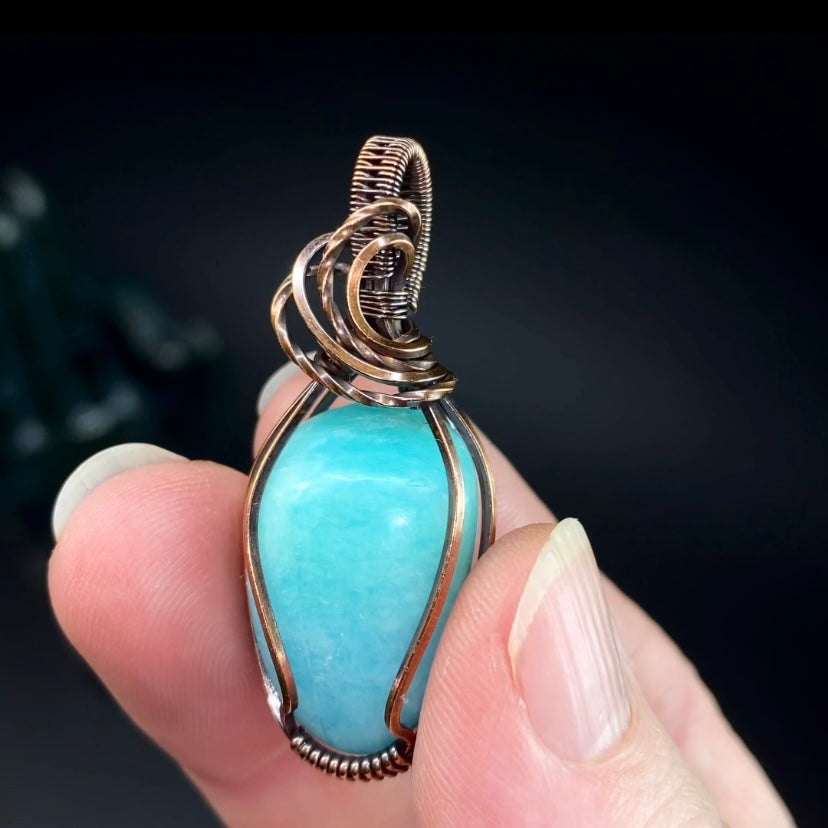 Amazonite Tumbled Stone and Copper Handmade Wire Wrapped Pendant