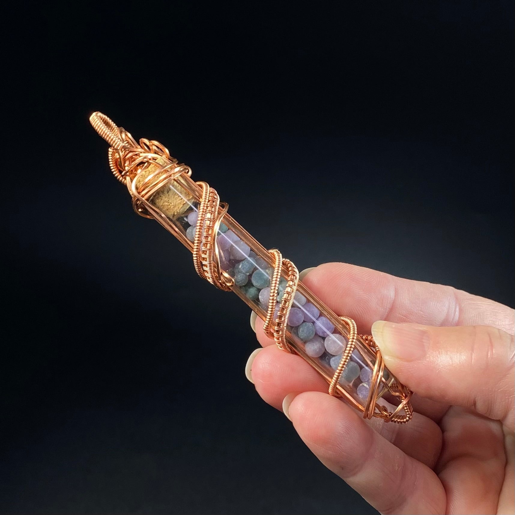 One of a Kind Botryoidal Amethyst aka Grape Agate Wire Wrapped Glass Vial Pendant