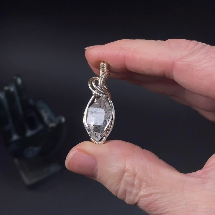 Double Terminated Petroleum Quartz & Sterling Silver Wire Wrapped Pendant